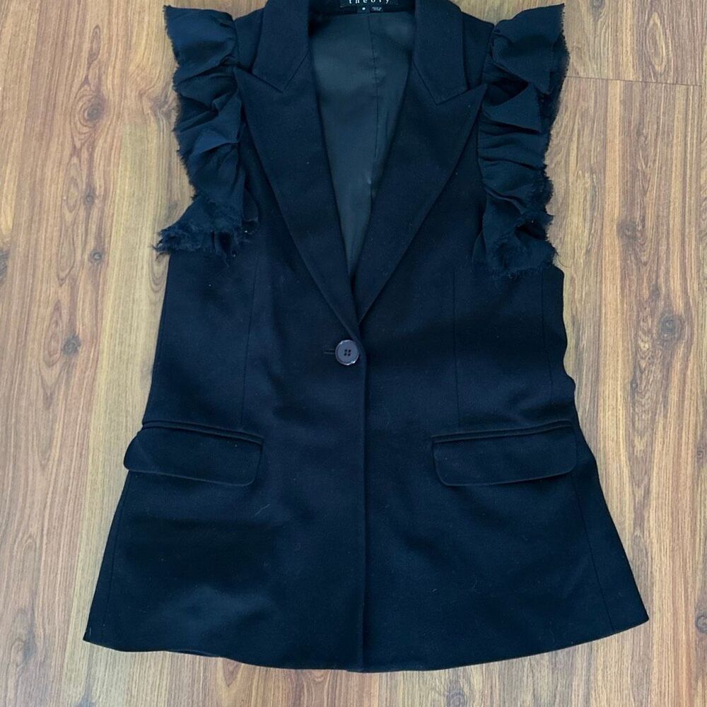 Theory black sleeveless blazer with silk raw edge ruffle sleeve detail 8